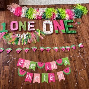 One in a Melon; 1st Birthday decorations; watermelon, banners, balloons, numbers